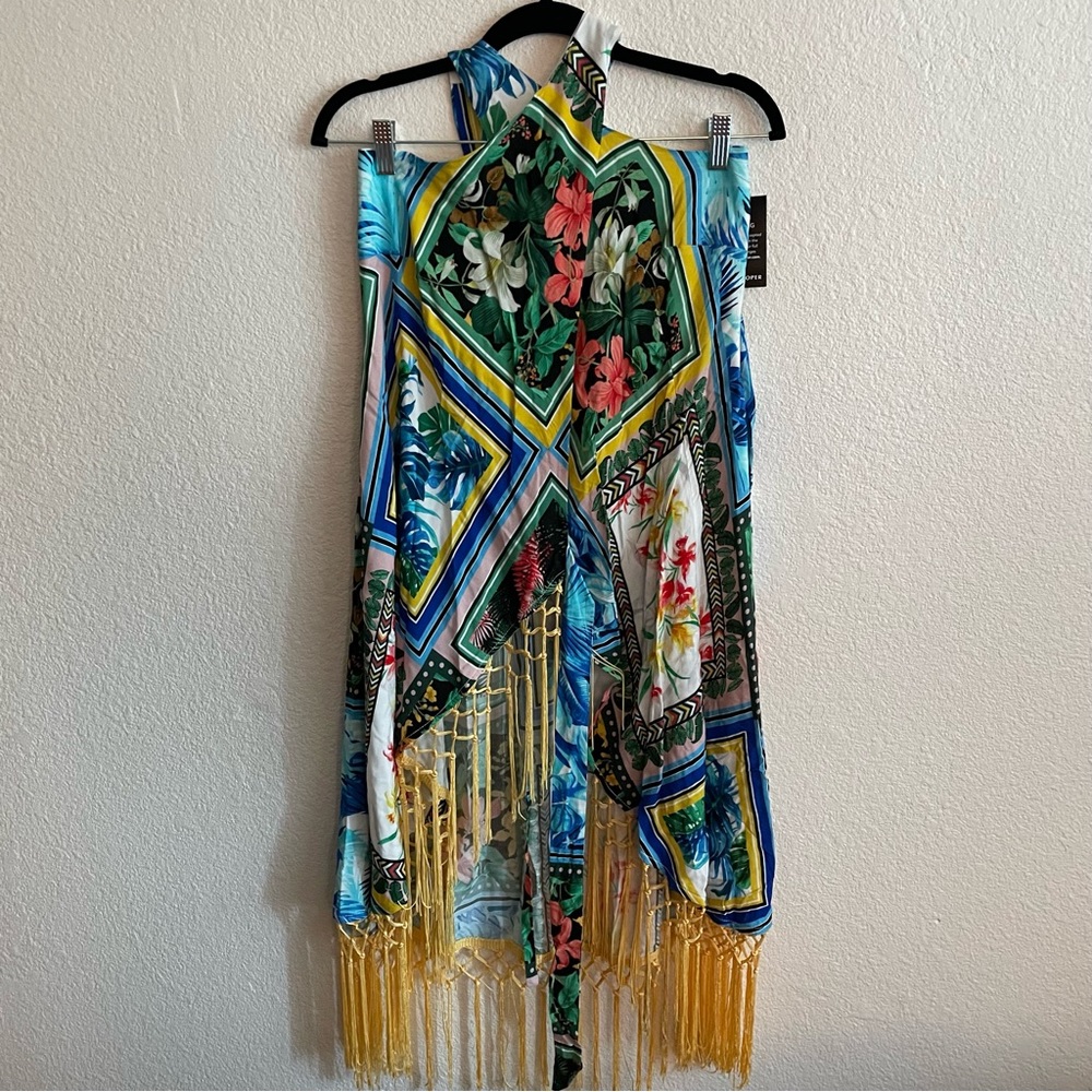 NWT Boston Proper Patchwork Fringe Wrap Dress Tropical Halter - Picture 3 of 10